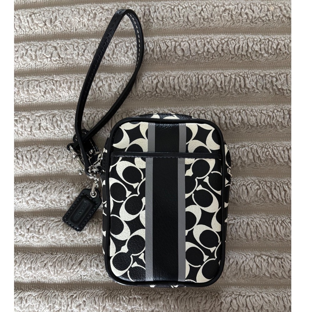 Coach Signature C Heritage Wristlet Pouch Black White Racing Stripe Pocket